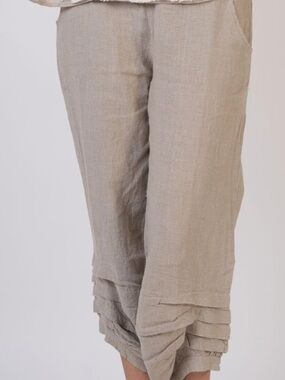 Light Taupe Linen Cropped Ruffle Hem Pants